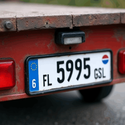 przyczepka auta z tablicą rejestracyjną
