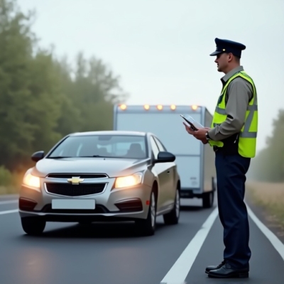policjant zatrzymuje auto z przyczepka